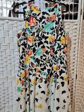 Maggy London White Dress with Teal, Yellow & Black Floral Print